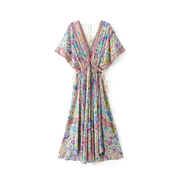 boho chic gypsy floral print vneck maxi dress - Picture 3 of 3